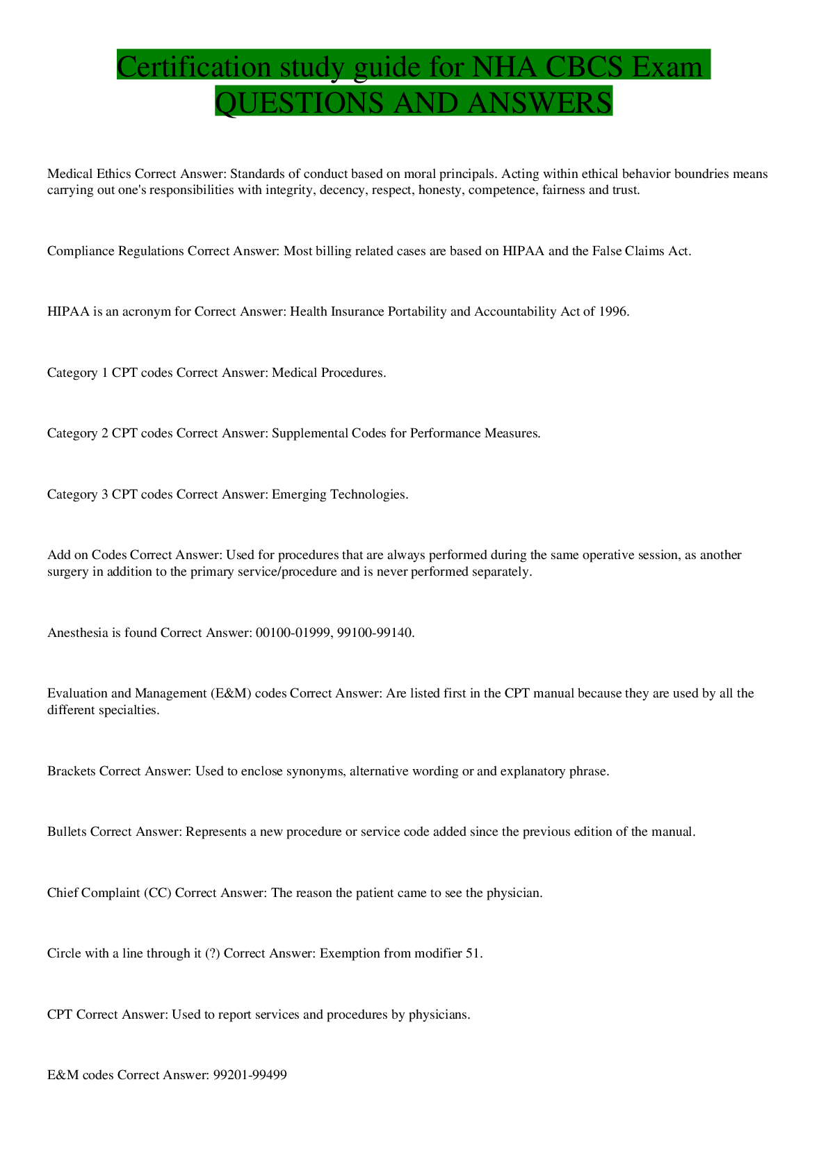 Certification study guide for NHA CBCS Exam QUESTIONS AND ANSWERS